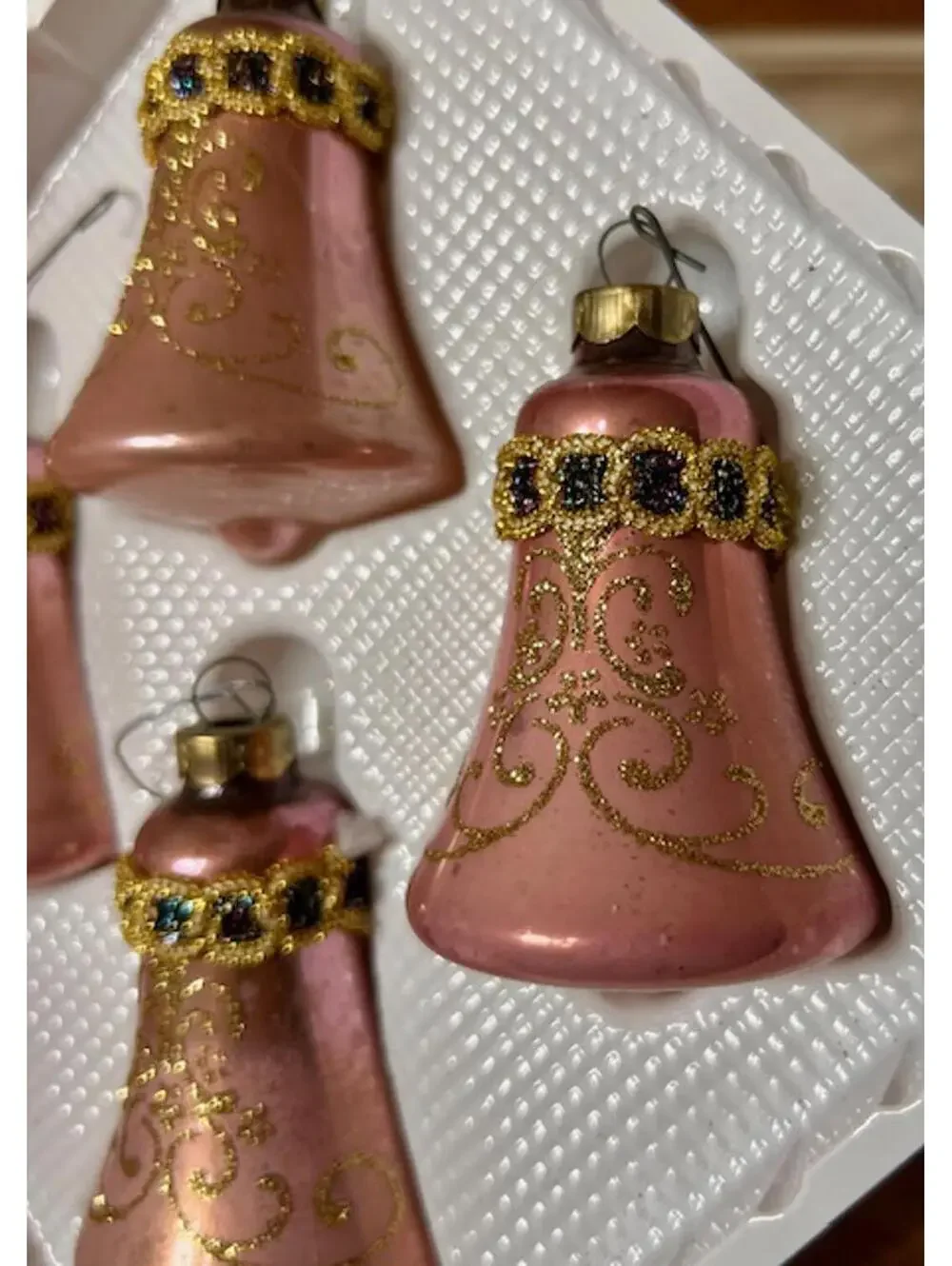Vintage Christmas by Krebs Hand Decorated Glass Bell Ornaments with Crown Caps -